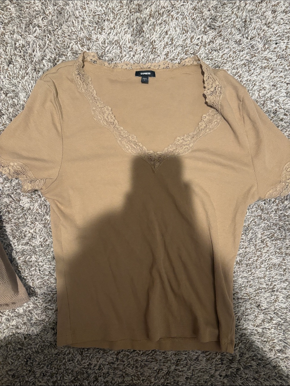 Express Women's Tan Lace-Trim Short Sleeve Tee